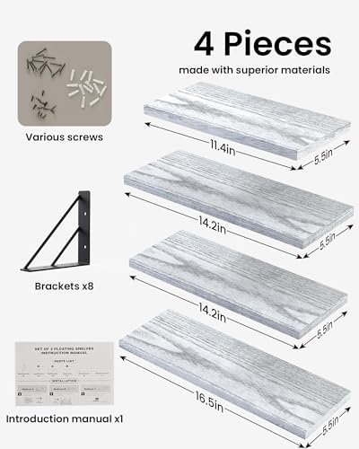 BAYKA Wall Shelves for Bedroom Decor, Wood, Gray White, Set of 4, 16in - Image 3