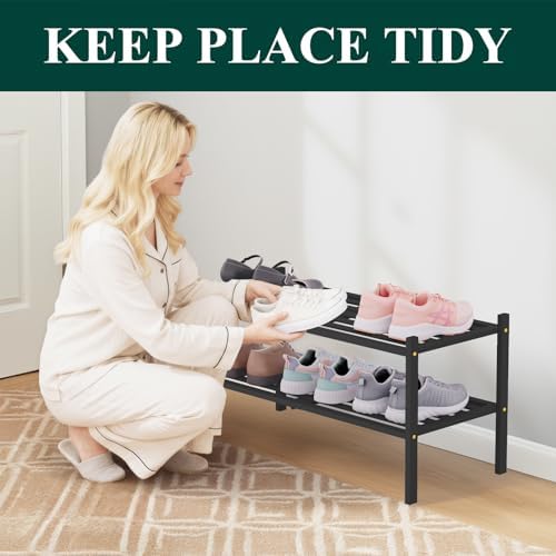 Smiry Bamboo Shoe Rack, 5 Horizontal Slats, 2 Tier - 26.8" Wide, Black - Image 3