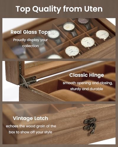 Uten Wooden Watch Case 10 Slot, Watch Jewelry Display Box with Glass Lid - Image 4