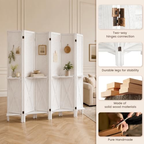 6 Panel Pegboard Room Divider with Shelves White - Image 3