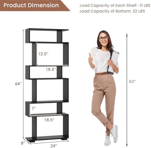 6 Tier S Shaped Bookshelf, Wood Geometric Bookcase, Modern Room Divider and Display Shelf, 64" Tall Staggered Bookshelf for Bedroom Living Room Office Study (1, Black) - Image 2