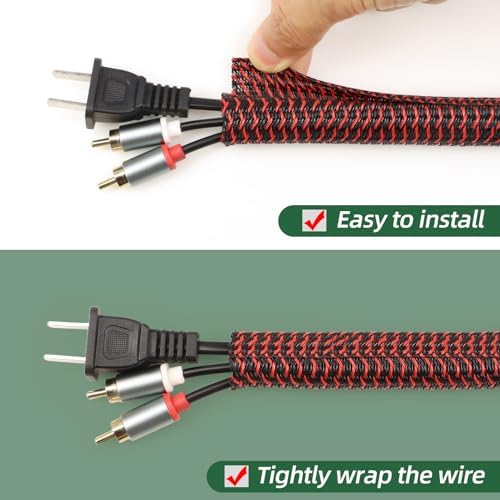Split Wire Loom Tubing, Cable Protector Sleeve, Braided Cable Management for TV/Computer/Home Theater/Engine Bay, Cord Protectors from Pets No Chew (Red and Black, 3/8"-10ft) - Image 2