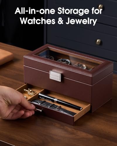 Lolalet 4-Slot Watch Case for Men, Mens Jewelry Box with Glass Lid-Espresso - Image 3