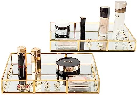 Perfume Tray Vanity Tray with Metal Frame, Gold Tray for Bathroom, Jewelry or Home Decoration 2 Pcs (L+S) by EQEYBRAND