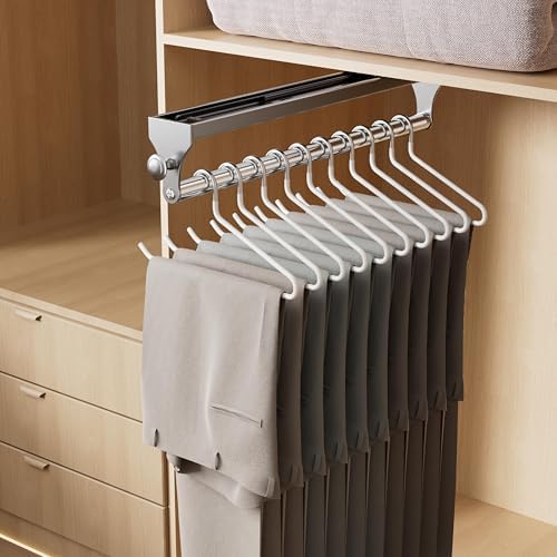 Pull Out Closet Rod, 13.7inch Heavy Duty Pants Rack, Adjustable Clothes Hanger Rail, Space Aluminum Valet Rod, Top Mounted Wardrobe Clothes Organizer, Closet Storage for Trousers Coats Gray by CICUFYOfficial
