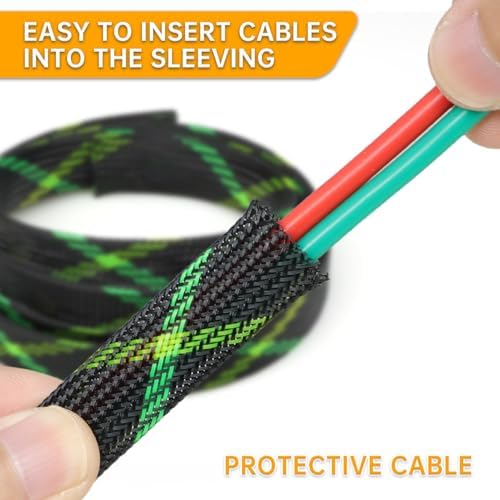 Braided Cable Sleeve, 33ft Expandable Wire Loom for Automotive Wiring Harness & PC Case, Pet-Proof Chew Resistant Cord Protector, Flexible Cable Management (Black-UV Green-UV Yellow, 25mm (1")) - Image 4