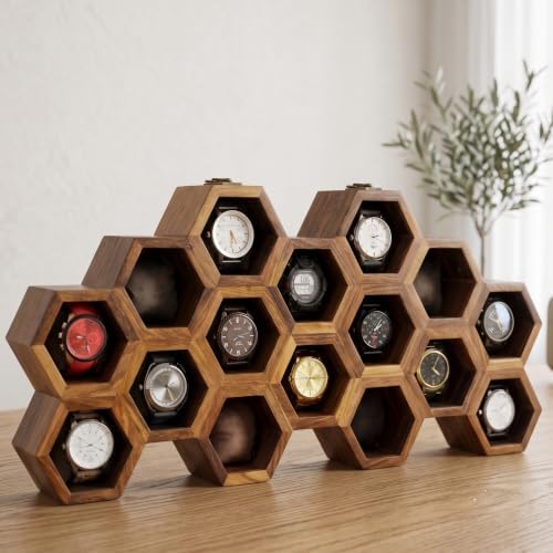 Extra Large 16 Slot Superior Rosewood Honeycomb Wall Mounted Watch Box Display Case Holder for Men, Vintage Hanging Watch Storage Organizer to Keep Watches Safe and Sophisticated. by RoyalCraftExpertise