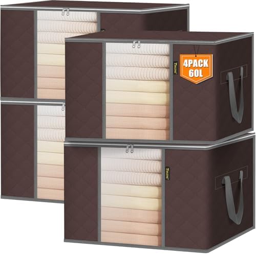 BALEINE 4 Pack Clothes Storage Bags, 16 Gallon Storage Containers with Reinforced Handle, Sturdy Zipper, Closet Organizer for Blanket, Comforter, Pillow, Bedding (Brown, 4 Pack) by BALEINE