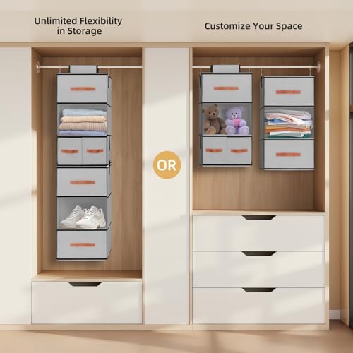 Hanging Closet Organizer 6-Shelf, Upgrade Closet Organizers and Storage with 5 Removable Drawers & 4 Side Pockets, Hanging Shelf Organizer for Bedroom or Garment Rack, 12.6'' x 12.6'' x 44.1'', Gray - Image 4