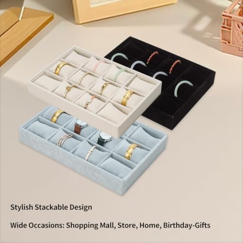 Jewelry Watch Tray, Black Velvet Watch Jewelry Organizer 12 Grid, Stackable Watch Bracelet Bangle Display Holder, Adjustable Pillows, for Man Woman Show Birthday - Image 5