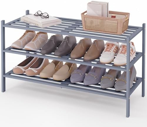 Smiry Bamboo Shoe Rack, 5 Horizontal Slats, 3 Tier - 33.9" Wide, Grey by Smiry