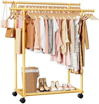Sakugi Double Rods Clothes Rack - Metal Clothing Rack with Fixed Double Rods, Rolling Wheels & Built-In Shelf for Closet, Bedroom, Laundry Storage (39" x 17" x 60", Gold) by Sakugi