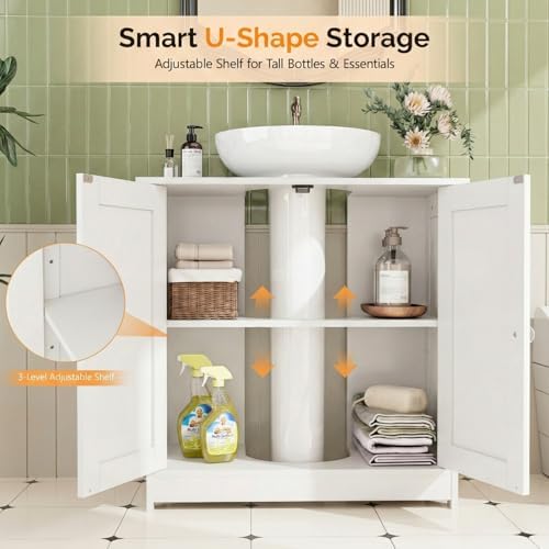 Bonnlo Pedestal Sink Storage Cabinet with 2 Doors Traditional Under Sink Cabinet Bathroom Space Saver Organizer with Adjustable Shelf White 23 5/8" W x 11 7/16" D x 23 5/8" H - Image 4