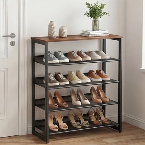 Garden 4 you Shoe Rack for Entryway 5 Tiers 11.8" D x 29" W x 36.5" H, Metal Shoe Rocks with Brown Wooden Tabletop, Angled Shoes Rack with Adjustable Mesh Shelves for Entryway Hallway Closet by Garden4you