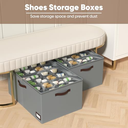 OIAHOMY 2 Pack Shoe Organizer for Closet, Large Foldable Shoe Storage Bins with Dividers and Reinforced Handles, Each Clear Cover Sneaker Box Fits Up to 24 Pairs for Entryway and Bedroom, Grey - Image 2