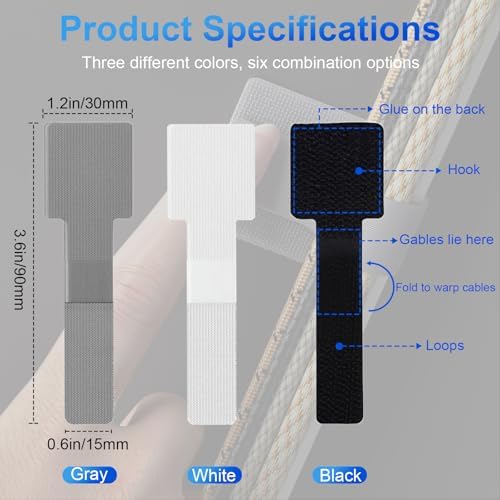 80 PCS Hook and Loop Cable Ties, Self Adhesive Cable Management Straps, Reusable Cord and Wire Organizer Clips for Under Desk, Computer, TV, Gaming Setup, Home Office and Kitchen, Black - Image 3