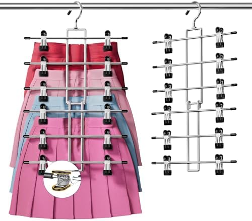 DAMITA Skirt Pants Hangers with Clips Space Saving Hanging Closet Organizer 6 Tiers Hanger with 360° Swivel Hook, Finger-Safe Design- College Dorm Room Apartment Essentials 1-Pack by Damita