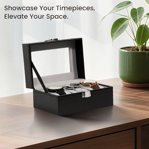 Uten 3-Slot Watch Box, PU Leather Watch Case with Glass Lid - Image 3