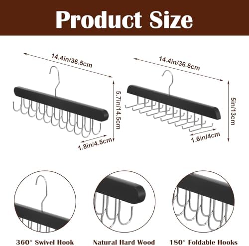 4 Pack Tie Rack and Belt Hanger 2 in 1, Wooden Tie Organizer for Closet with 20 Foldable Hooks, Space Saving Necktie Holder and Belt Organizer, Black - Image 2