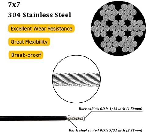 304 Stainless Steel Wire Rope for String Lights, Black Coated, 3/32"x100 FT - Image 2