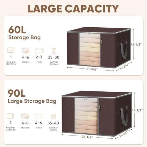 BALEINE 4 Pack Clothes Storage Bags, 16 Gallon Storage Containers with Reinforced Handle, Sturdy Zipper, Closet Organizer for Blanket, Comforter, Pillow, Bedding (Brown, 4 Pack) - Image 6