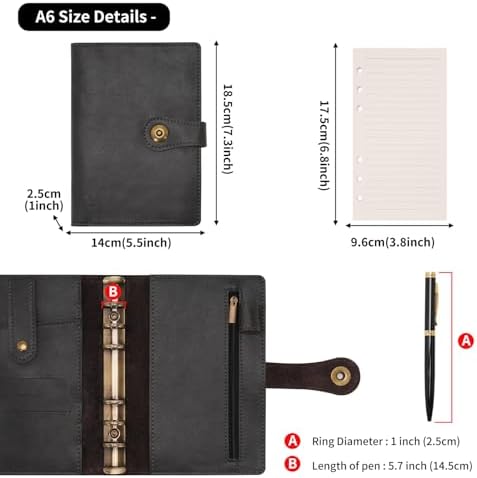 Wonderpool A6 Binder Journal Leather Spiral Notebook Refillable College Ruled Paper, Budget Binder Rings Diary Organizer with Pen for Office School Travel Business Planning Writing (Black,A6) - Image 6