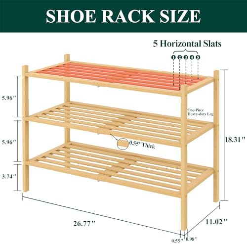 Smiry Bamboo Shoe Rack, 5 Horizontal Slats, 3 Tier - 26.8" Wide, Natural - Image 2
