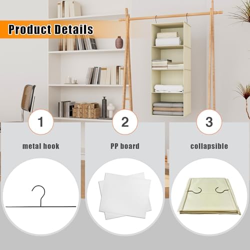 Hanging Closet Organizer 4-Shelf, Oxford Fabric Wardrobe Storage, Beige - Image 5