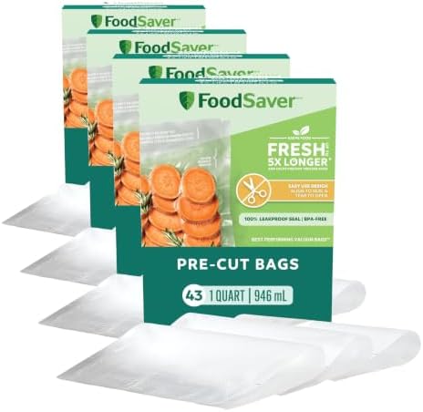 FoodSaver Quart Pre-Cut Vacuum Seal and Easy Use Storage Bags, Align to Seal and Tear to Open Vacuum Sealer Storage, Quart (43 Bags) (Pack of 4) by FoodSaver