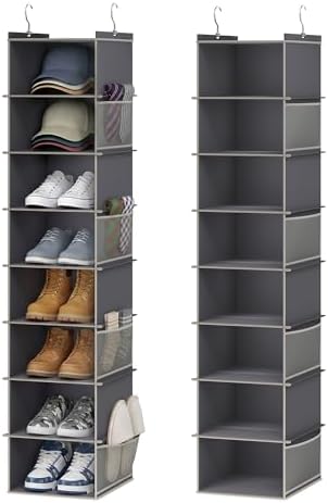 YOUDENOVA Upgraded Extra Wide Hanging Shoe Organizer for Closet, 8-Shelf Storage Organizer with 8 Side Pockets, Hanging Shoe Rack for Hats Clothes Jeans, 2 Packs, Grey by YOUDENOVA