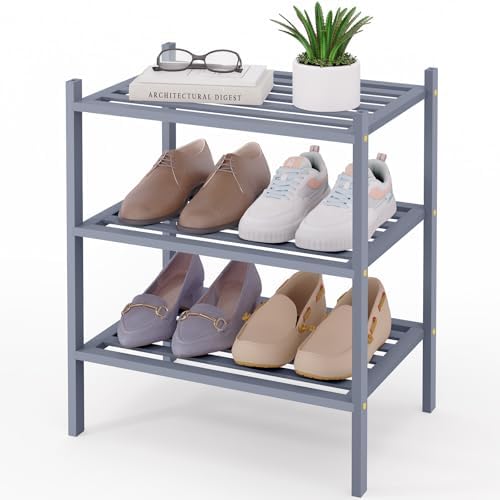 Smiry Bamboo Shoe Rack, 5 Horizontal Slats, 3 Tier - 17.3" Wide, Grey by Smiry