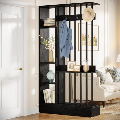 Tribesigns Wall Room Divider, Wood Freestanding Room Divider Bookcase with Shelves & Coat Hooks, 71" Modern Wall Partition for Home & Office Decorative, Black by Tribesigns
