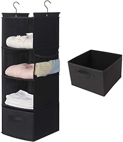 MAX Houser 4-Shelf Hanging Closet Organizer, Space Saver, Cloth Hanging Shelves with 2 Side Pockets, Foldable (Black) by MAXHouser