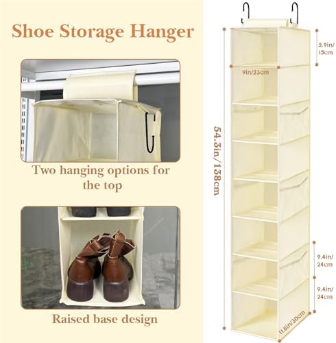 Hanging Shoe Organizer for Closet with 8 Shelves,Mesh Pockets-Wider Hanging Shelves for Shoes,Clothes,Hats with Sturdy Bamboo-Supported Design (Beige) - Image 3