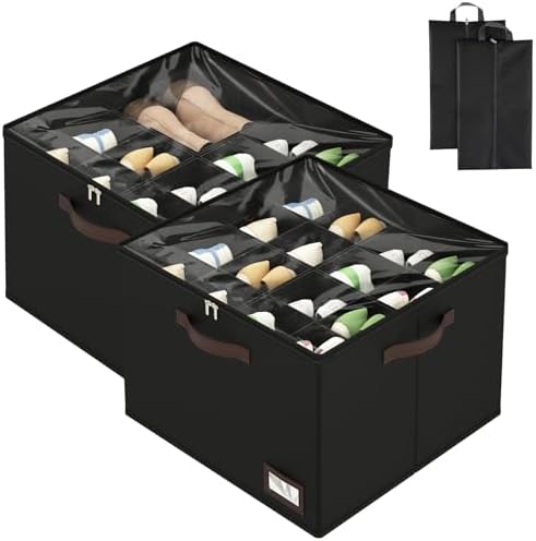 OIAHOMY 2 Pack Shoe Organizer for Closet, Large Foldable Shoe Storage Bins with Dividers and Reinforced Handles, Each Clear Cover Sneaker Box Fits Up to 16 Pairs for Entryway and Bedroom, Black by MasterofSpaceOptimization