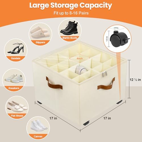 Foyego Shoe Organizer for Closet, Shoe Storage with Wheels, Beige - Image 3