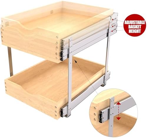JOWBOOW 2 Tier Pull Out Cabinet Organizer 14"W x 22"D, Solid Wood - Image 7