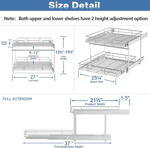 ROOMTEC Individual Pull Out Cabinet Organizer (27" W x 21½" D), 2 Tier Spice Rack Organizer for Cabinet, Slide Out Drawer Pantry Shelf Organization and Storage for Kitchen Bathroom - Image 3