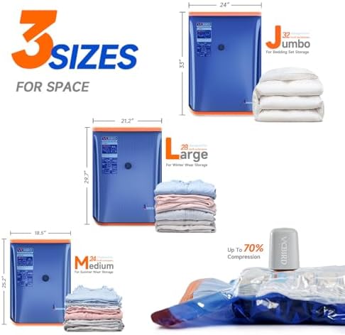 Vacbird Vacuum Storage Bags with Rechargeable Cordless Pump,15 Pack 3 Sizes Compression Packing Seal Bags, Space Saver for Clothes and Clothing Comforters, Blankets, Bedding and Closet Space Saving - Image 5