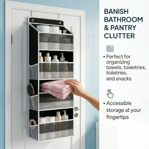 SUREMAX 42.5" Over The Door Organizer, 40 Lbs Heavy Duty Anti-Tilt Behind Door Storage with 4 Large Pockets and 6 Side Mesh Pockets, Hanging Closet Organizer for Bathroom, cabinet, Nursery and Pantry - Image 3