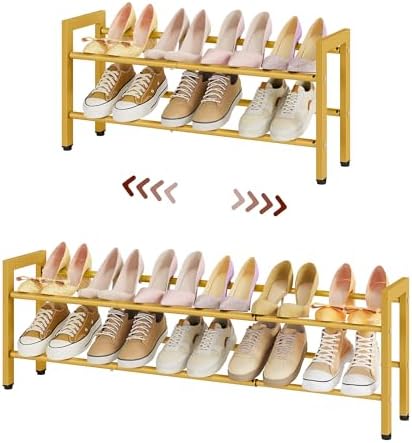 FAVOOSTY 2-Tier Expandable Shoe Rack, Adjustable Shoe Shelf Storage Organizer Space Saving Metal Free Standing Shoe Rack for Entryway Closet Doorway, Gold by FAVOOSTY