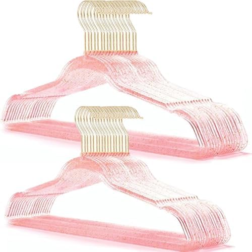 Pink Clothes Hangers 16", 40 Pack Plastic Clear Coat Hanger for Adult Closet, Durable Bling Ganchos de Ropa with Swivel Hook, Notched Shoulders & Ultra-Thin Space Saving Laundry Hanger for Dress Suits by VSVstoage