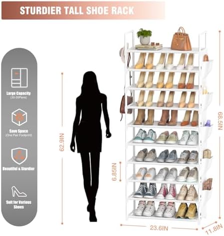 LUKYTOWER Tall Shoe Rack 10 Tier Organizer 30-35 Pairs with Hooks - Image 3
