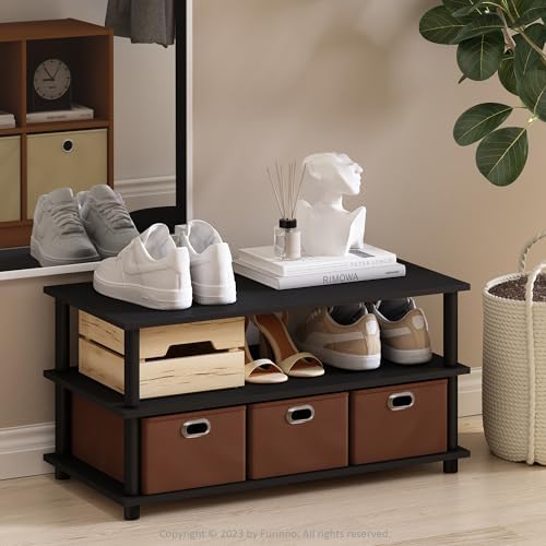 Furinno Turn-N-Tube Shoe Rack, 3-Tier Compact Shoe Organizer, Toolless Shoe Storage with Bin Drawers and Open Shelves, 15.5 x 31.2 x 15.4, for Closet Entryway, Office, Garage, Black Oak by Furinno-FitsYourSpaceFitsYourBudget