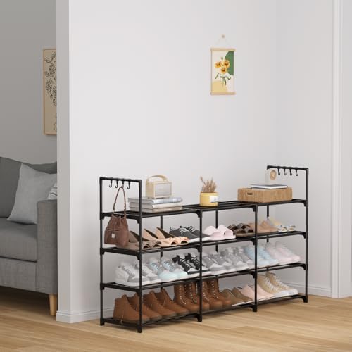 3 Row 4 Tier Long Shoe Rack, Black Metal Stackable Shoe Shelf with Multifunctional Hooks, Shoe Storage Hold 24-30 Pairs, Space Saving Shoe Organizer for Closet,Wide Shoe Rack - Image 2