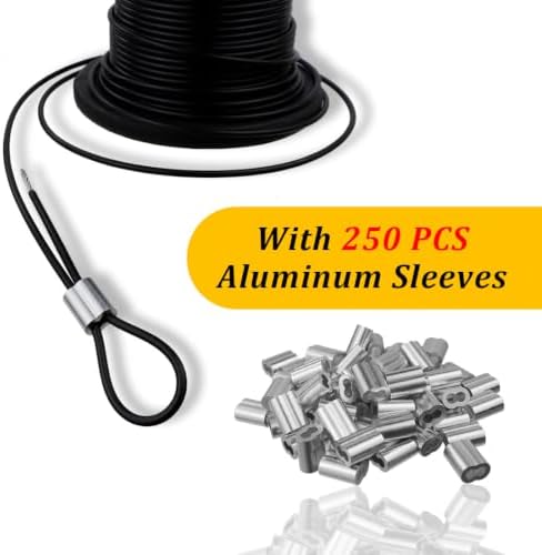Vinyl Coated Wire Rope 304 Stainless Steel Coated Wire Cable-Black, 1/16" OD to 3/32" x700FT, with 250 Pcs Crimping Sleeves-Cable for String Lights, Suitable for Clotheslines - Image 3