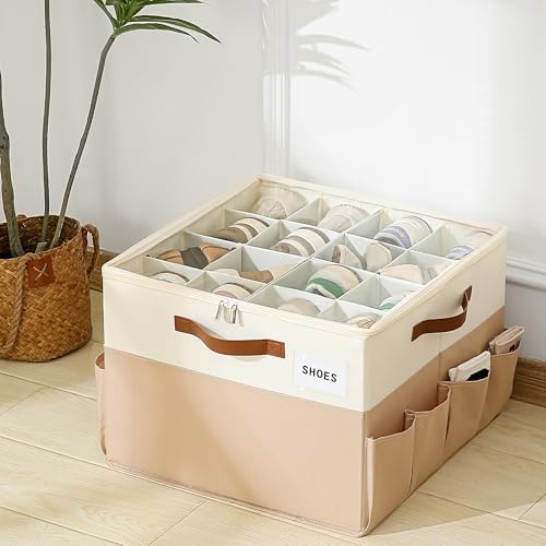 Varhomax Shoe Organizer Box for Closet, Fabric Shoe Storage Bin with Adjustable Dividers & Clear Cover, Holds up 16-32 Pairs of Sneakers & Sandals for Entryway, Cubby - Image 2
