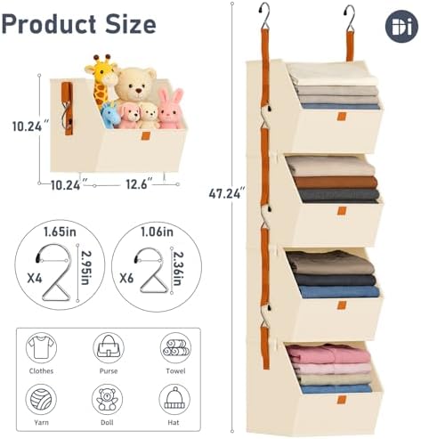 DIMJ Hanging Closet Organizer - 4 Tier Collapsible Hanging Shelves with Hooks Zipper, Fabric Clothes Organizer, Space-Saving Storage Bin Basket for RV, Bedroom, Laundry Organization - Image 3