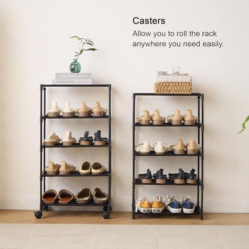 5-Tier Small Shoe Rack with Wheels, Slide-Out Metal Shoe Racks Storage, Anti-Rust Coating, Stackable Design - 16.9W for Entryway, Kitchen, Living Room & Office - Black - Image 6