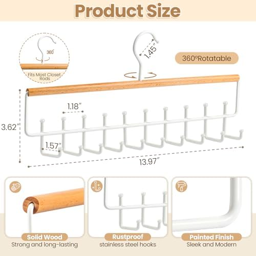 Tie Belt Rack Hanger for Closet, Wood Tie Holder Organizer with 20 Hooks - Image 4